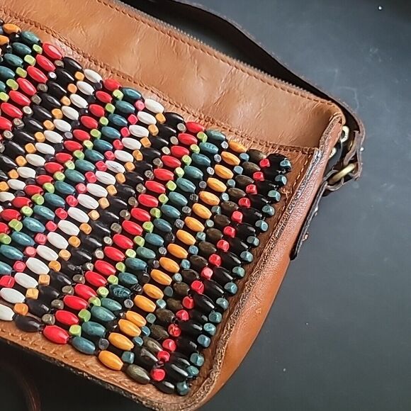 Patricia Nash Leather w/Bright Wooden Bead Front- Top Zip Crossbody Bag/Purse - Picture 2 of 15